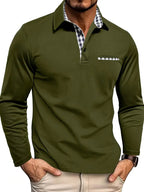 Long Sleeve Polo Shirt Men's Gray with Plaid Collar Trim – Casual, Office · Faylori