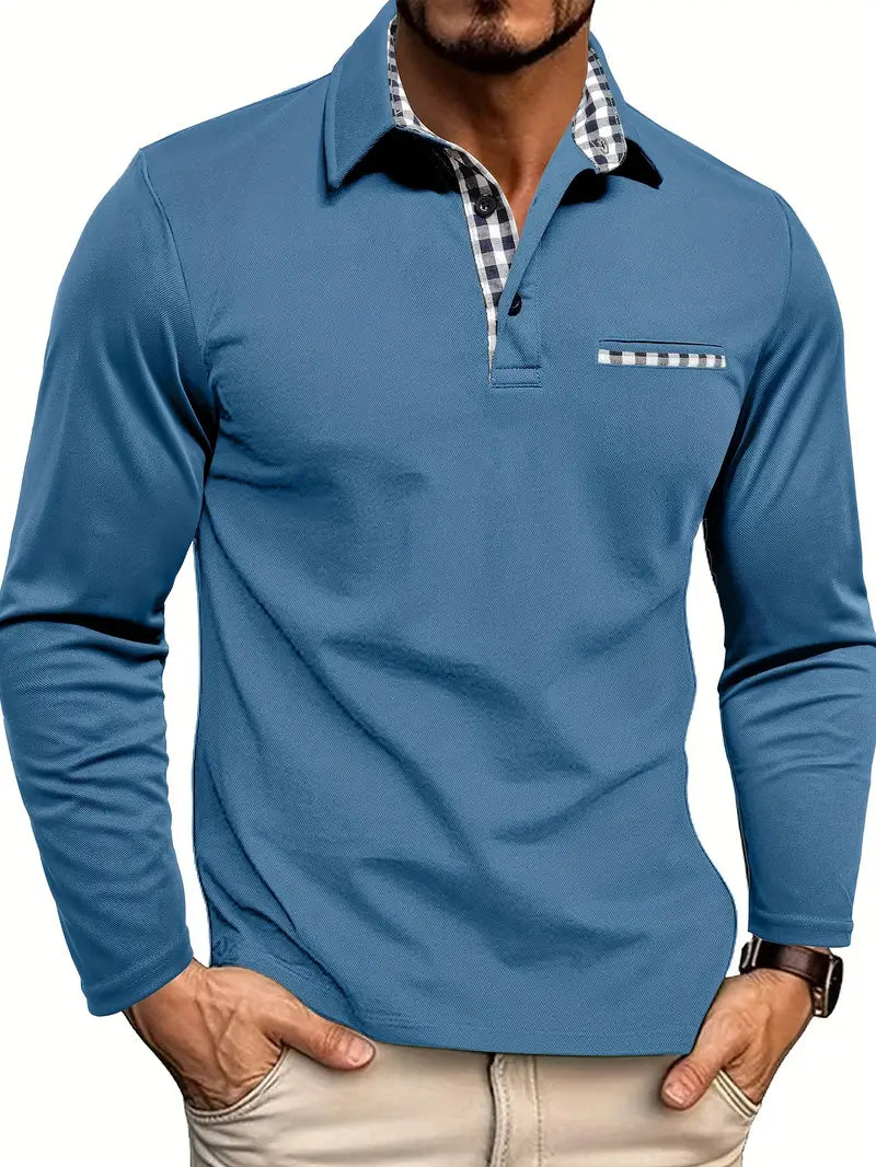 Long Sleeve Polo Shirt Men's Gray with Plaid Collar Trim – Casual, Office · Faylori