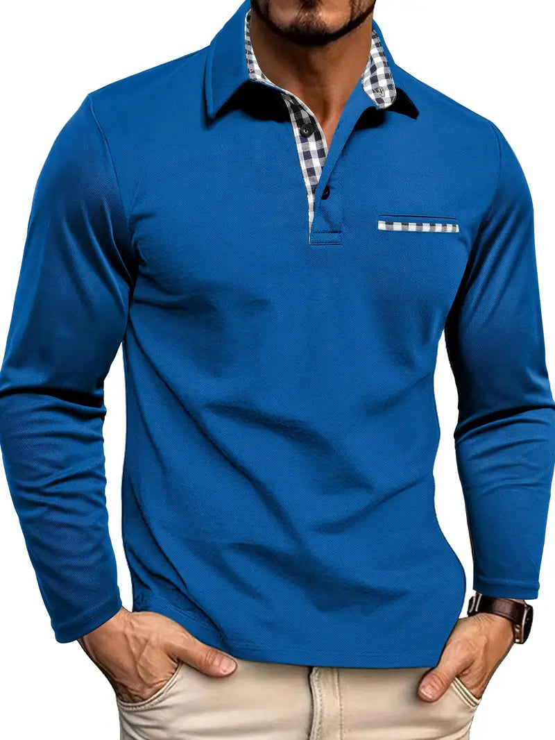 Long Sleeve Polo Shirt Men's Gray with Plaid Collar Trim – Casual, Office · Faylori