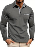 Long Sleeve Polo Shirt Men's Gray with Plaid Collar Trim – Casual, Office · Faylori