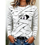 Long Sleeve Top Women's Halloween Mummy Boo Print Crew Neck Blue – Casual, Holiday, Gift