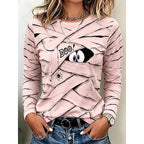 Long Sleeve Top Women's Halloween Mummy Boo Print Crew Neck Blue – Casual, Holiday, Gift