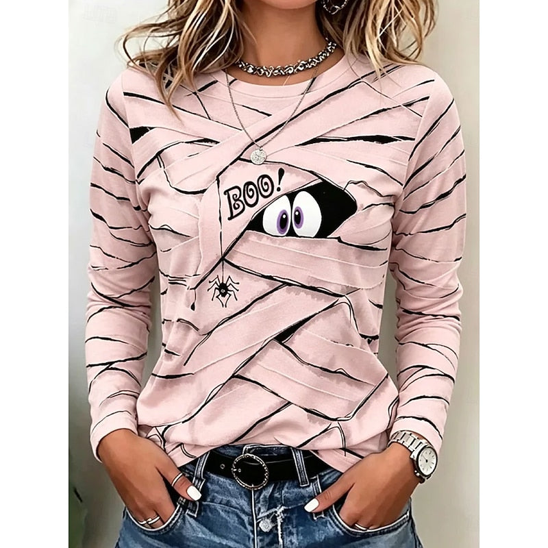 Long Sleeve Top Women's Halloween Mummy Boo Print Crew Neck Blue – Casual, Holiday, Gift