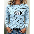 Long Sleeve Top Women's Halloween Mummy Boo Print Crew Neck Blue – Casual, Holiday, Gift