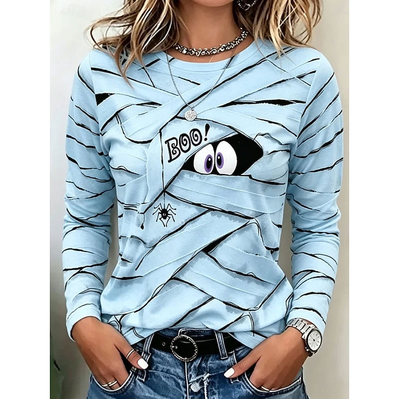 Long Sleeve Top Women's Halloween Mummy Boo Print Crew Neck Blue – Casual, Holiday, Gift