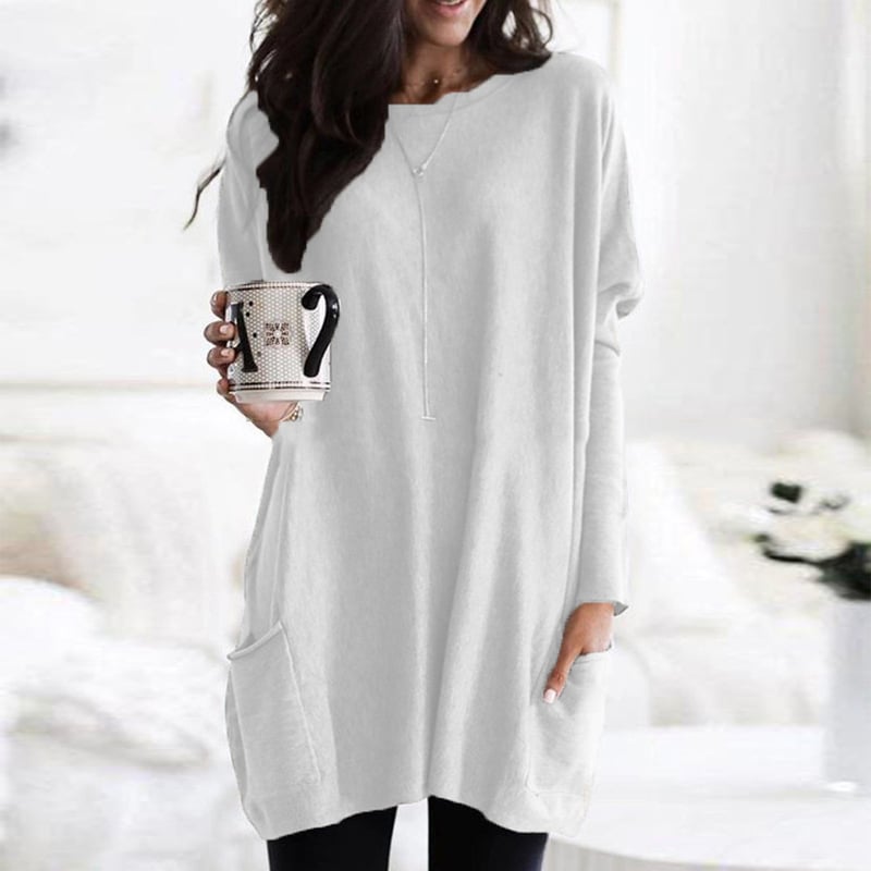 Long Sleeve Tunic Top Women's Blue Loose Fit with Pockets – Casual, Everyday Wear