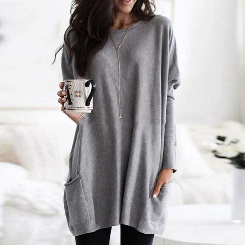 Long Sleeve Tunic Top Women's Blue Loose Fit with Pockets – Casual, Everyday Wear
