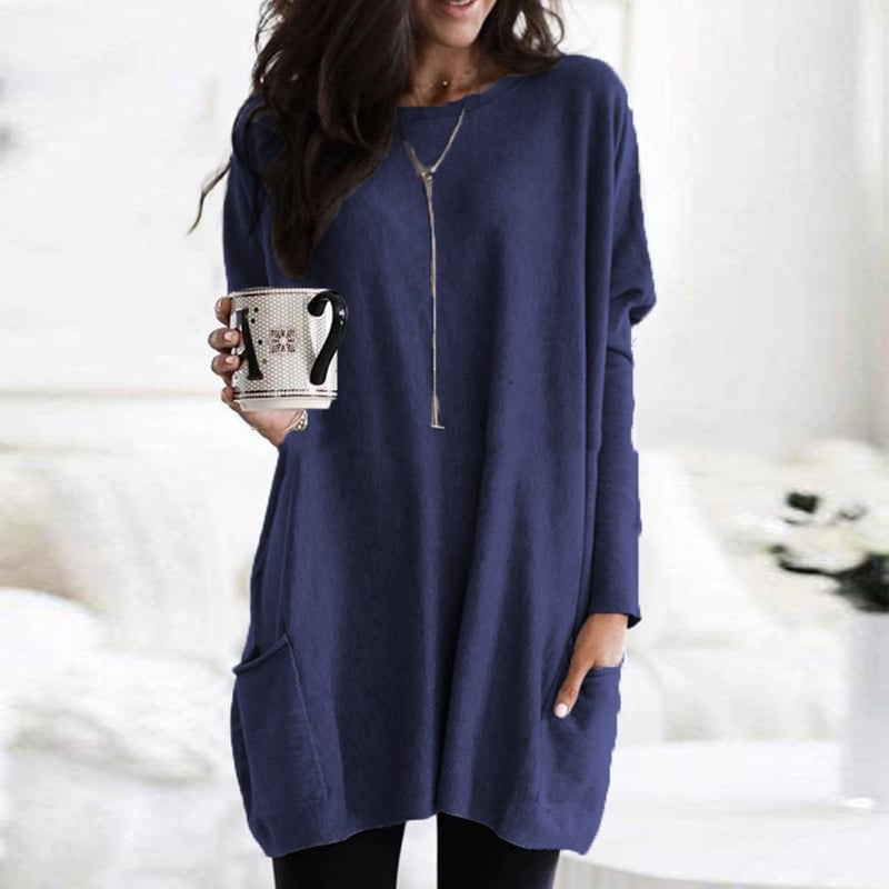 Long Sleeve Tunic Top Women's Blue Loose Fit with Pockets – Casual, Everyday Wear