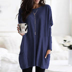 Long Sleeve Tunic Top Women's Blue Loose Fit with Pockets – Casual, Everyday Wear