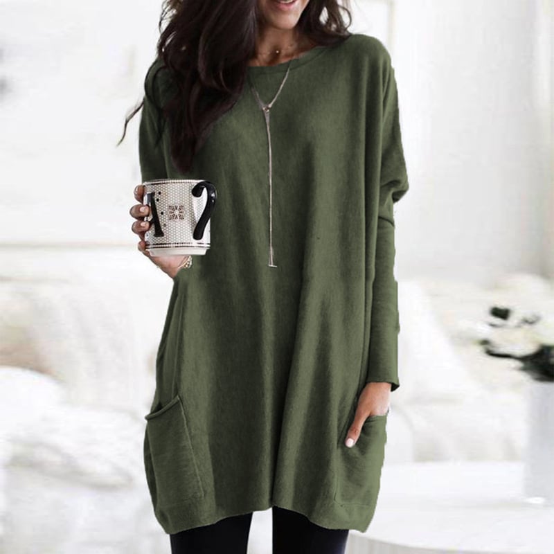 Long Sleeve Tunic Top Women's Blue Loose Fit with Pockets – Casual, Everyday Wear