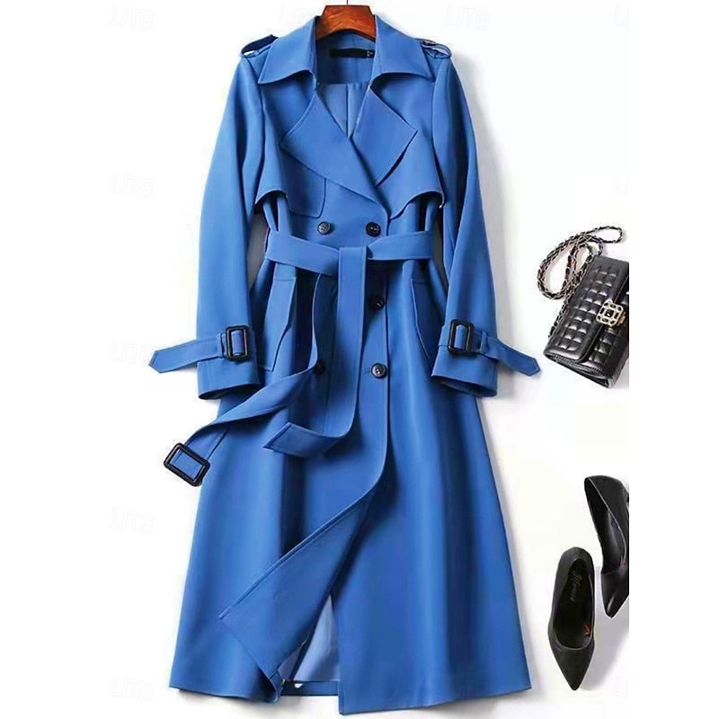 Long Trench Coat Women's Double-Breasted Belted Khaki – Office, Casual, Holiday Gift