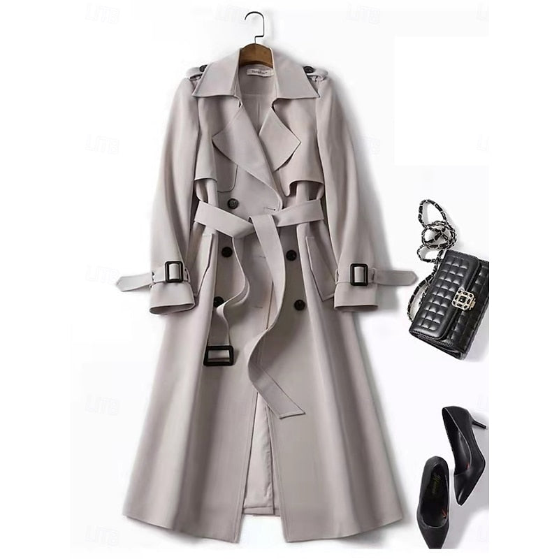 Long Trench Coat Women's Double-Breasted Belted Khaki – Office, Casual, Holiday Gift