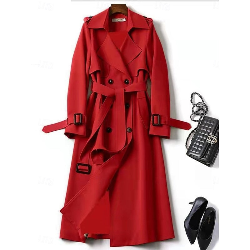 Long Trench Coat Women's Double-Breasted Belted Khaki – Office, Casual, Holiday Gift