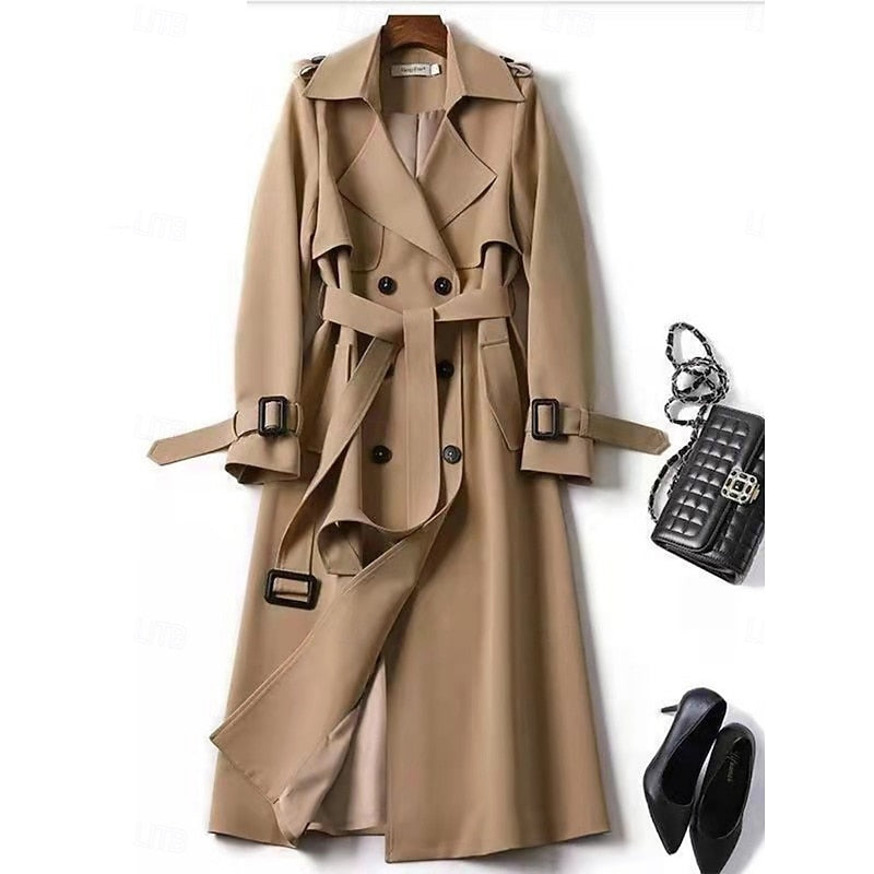 Long Trench Coat Women's Double-Breasted Belted Khaki – Office, Casual, Holiday Gift