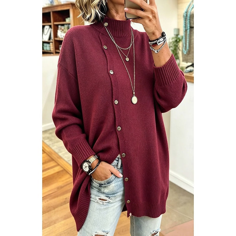 Longline Button-Front Cardigan Women's Mock Neck Knit Sweater – Casual, Office, Fall Layering, Gift
