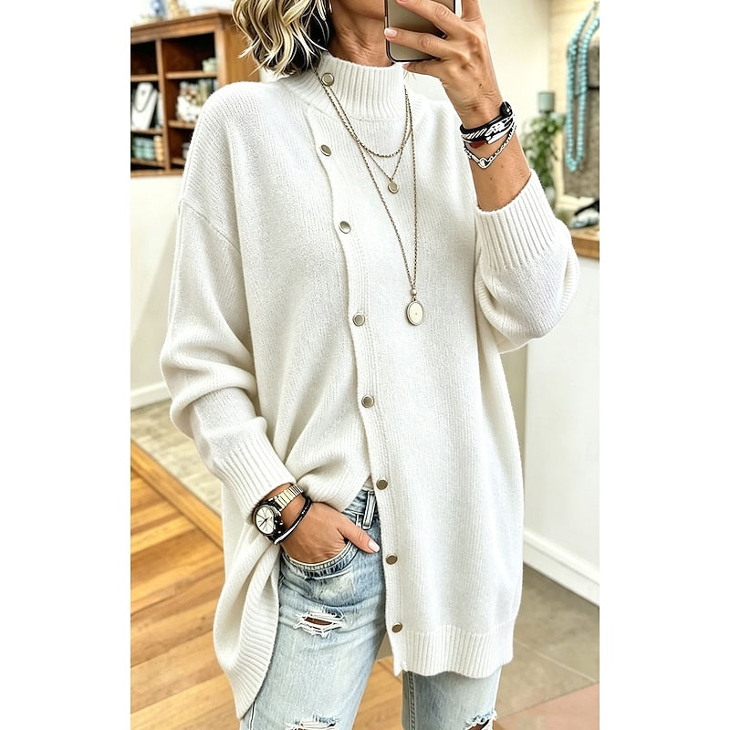 Longline Button-Front Cardigan Women's Mock Neck Knit Sweater – Casual, Office, Fall Layering, Gift