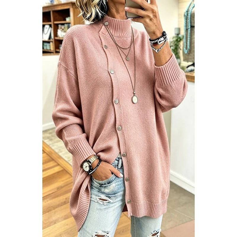 Longline Button-Front Cardigan Women's Mock Neck Knit Sweater – Casual, Office, Fall Layering, Gift