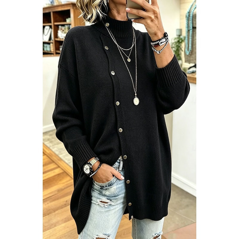Longline Button-Front Cardigan Women's Mock Neck Knit Sweater – Casual, Office, Fall Layering, Gift