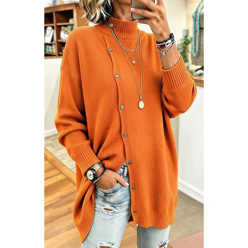 Longline Button-Front Cardigan Women's Mock Neck Knit Sweater – Casual, Office, Fall Layering, Gift