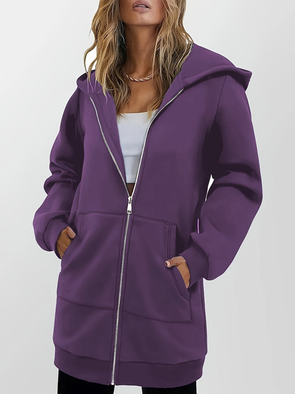 Longline Zip-Up Hoodie Jacket Women's Purple with Pockets – Casual, Office, Holiday, Gift