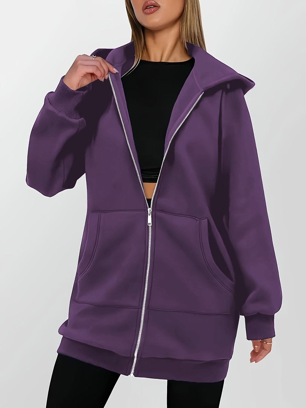 Longline Zip-Up Hoodie Jacket Women's Purple with Pockets – Casual, Office, Holiday, Gift