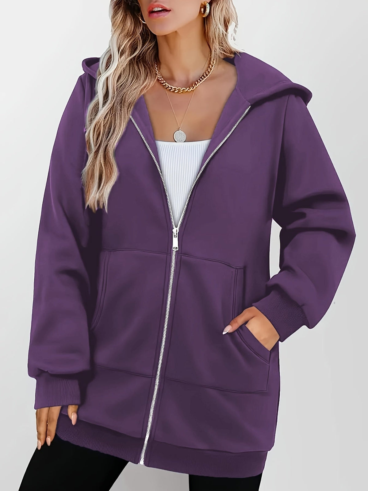 Longline Zip-Up Hoodie Jacket Women's Purple with Pockets – Casual, Office, Holiday, Gift