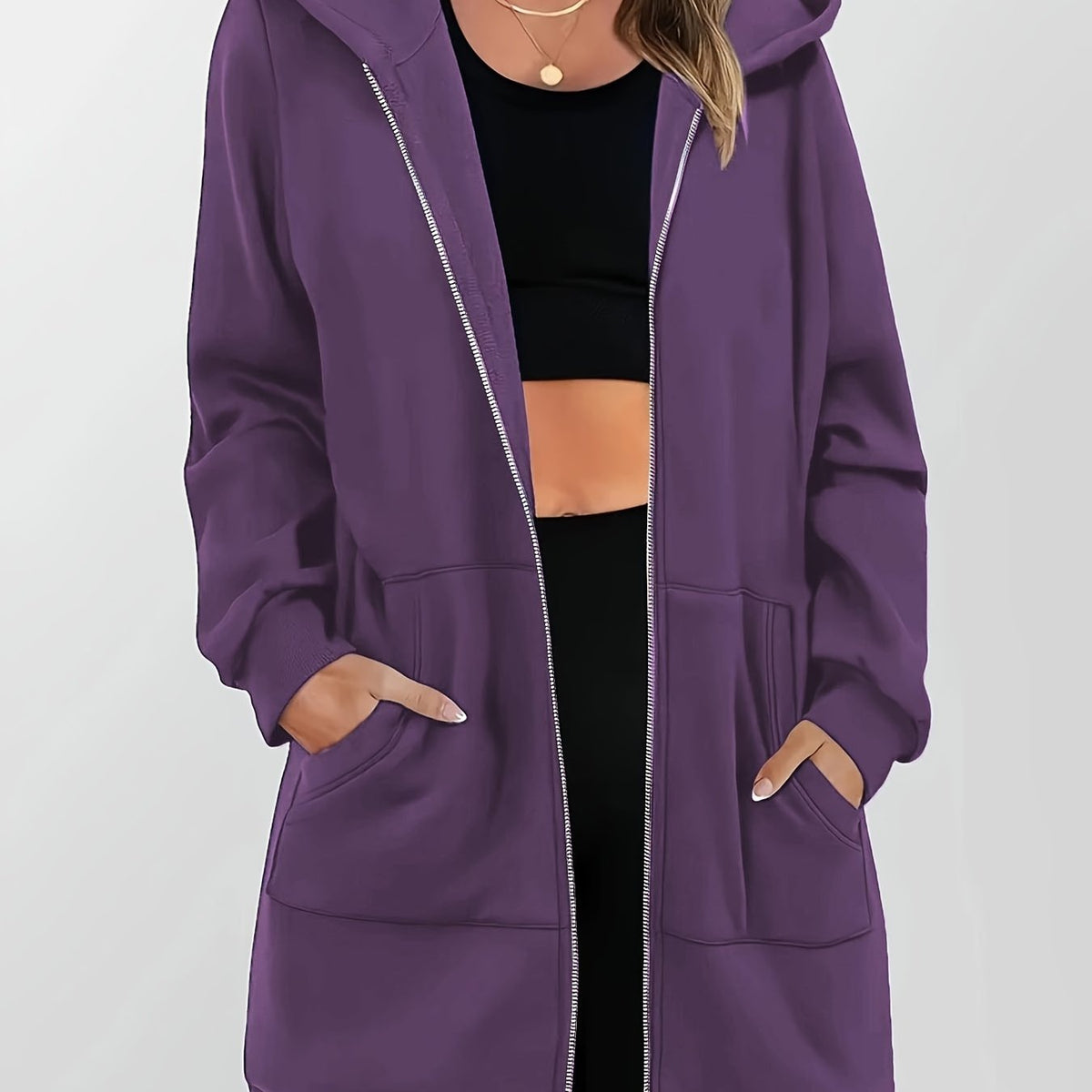 Longline Zip-Up Hoodie Jacket Women's Purple with Pockets – Casual, Office, Holiday, Gift