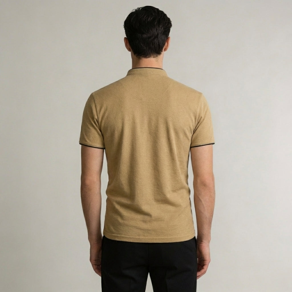 Mandarin Collar Polo Shirt Men's Beige Short Sleeve – Casual, Office, Everyday Wear