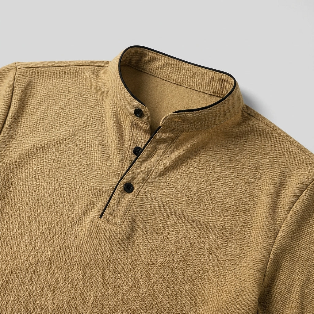 Mandarin Collar Polo Shirt Men's Beige Short Sleeve – Casual, Office, Everyday Wear