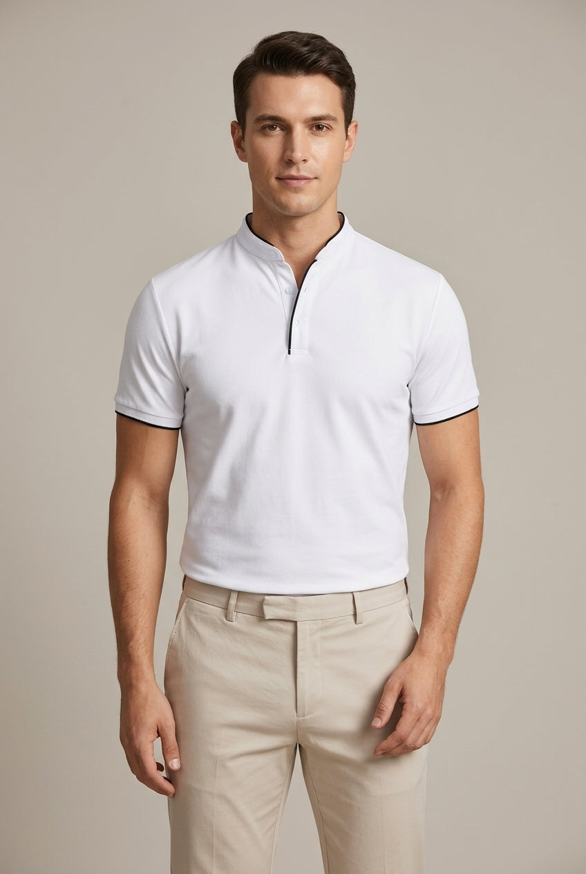 Mandarin Collar Polo Shirt Men's Beige Short Sleeve – Casual, Office, Everyday Wear
