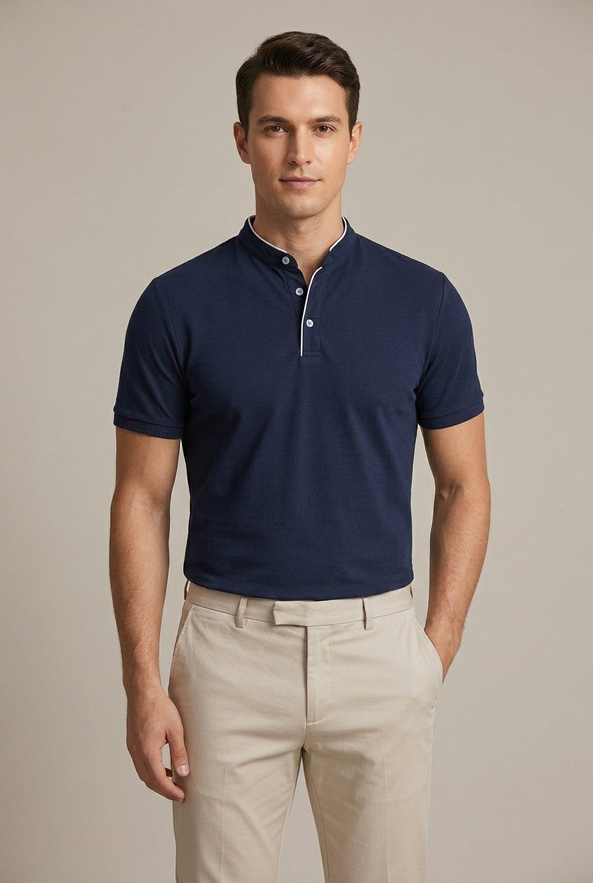 Mandarin Collar Polo Shirt Men's Beige Short Sleeve – Casual, Office, Everyday Wear