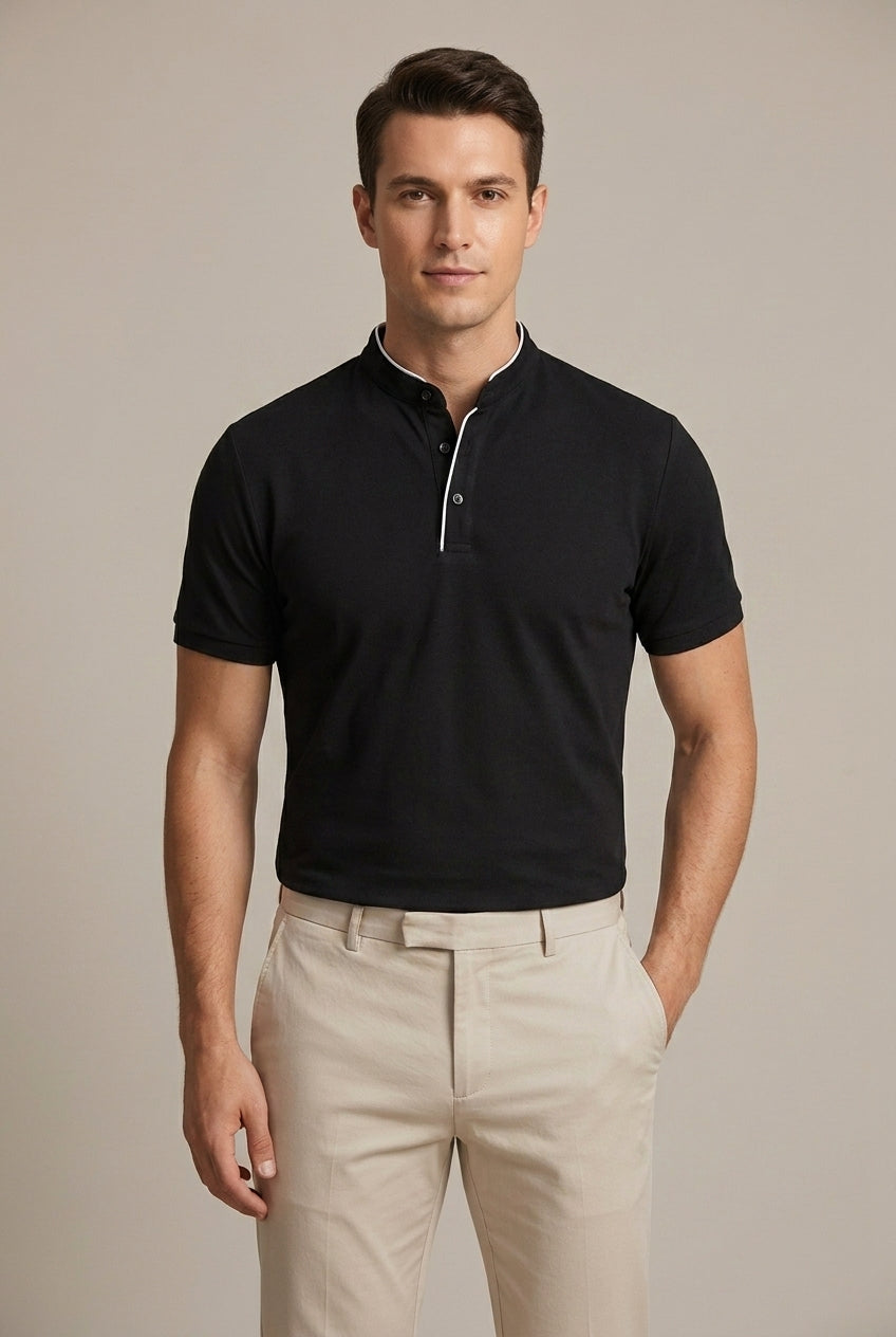 Mandarin Collar Polo Shirt Men's Beige Short Sleeve – Casual, Office, Everyday Wear