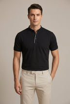 Mandarin Collar Polo Shirt Men's Beige Short Sleeve – Casual, Office, Everyday Wear