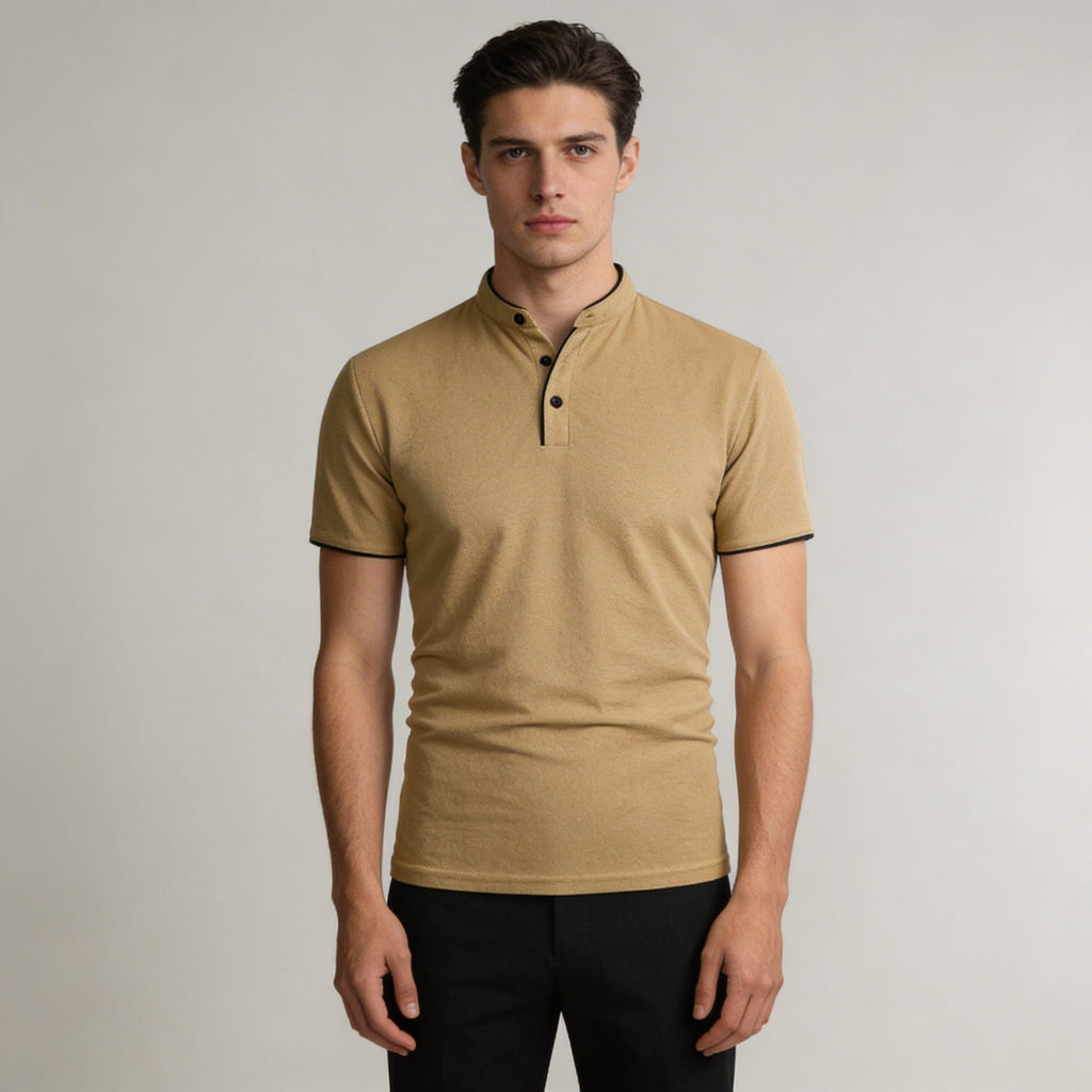 Mandarin Collar Polo Shirt Men's Beige Short Sleeve – Casual, Office, Everyday Wear