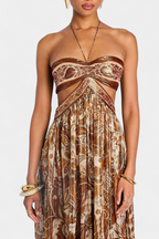 Maxi Dress Gold Paisley Print Women's Halter Tie Neck Cutout Open Back – Party, Holiday