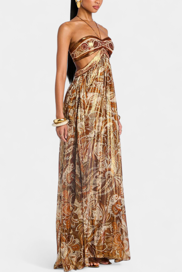 Maxi Dress Gold Paisley Print Women's Halter Tie Neck Cutout Open Back – Party, Holiday
