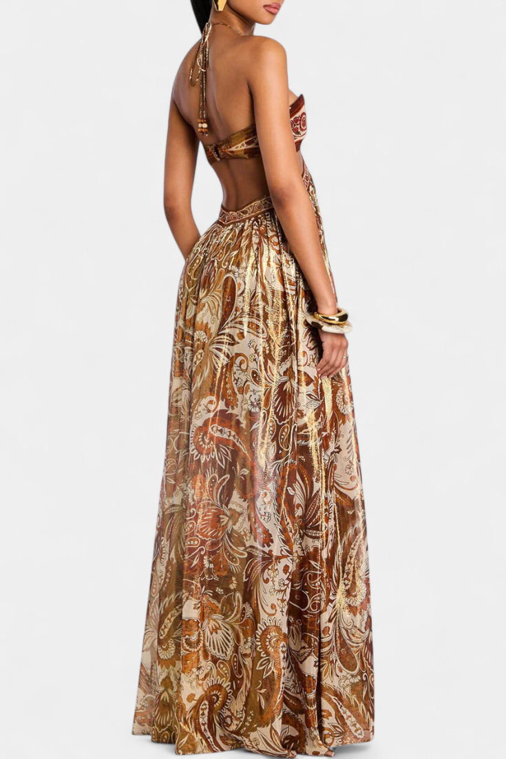 Maxi Dress Gold Paisley Print Women's Halter Tie Neck Cutout Open Back – Party, Holiday