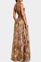Maxi Dress Gold Paisley Print Women's Halter Tie Neck Cutout Open Back – Party, Holiday