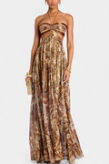 Maxi Dress Gold Paisley Print Women's Halter Tie Neck Cutout Open Back – Party, Holiday