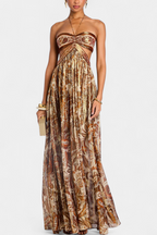 Maxi Dress Gold Paisley Print Women's Halter Tie Neck Cutout Open Back – Party, Holiday
