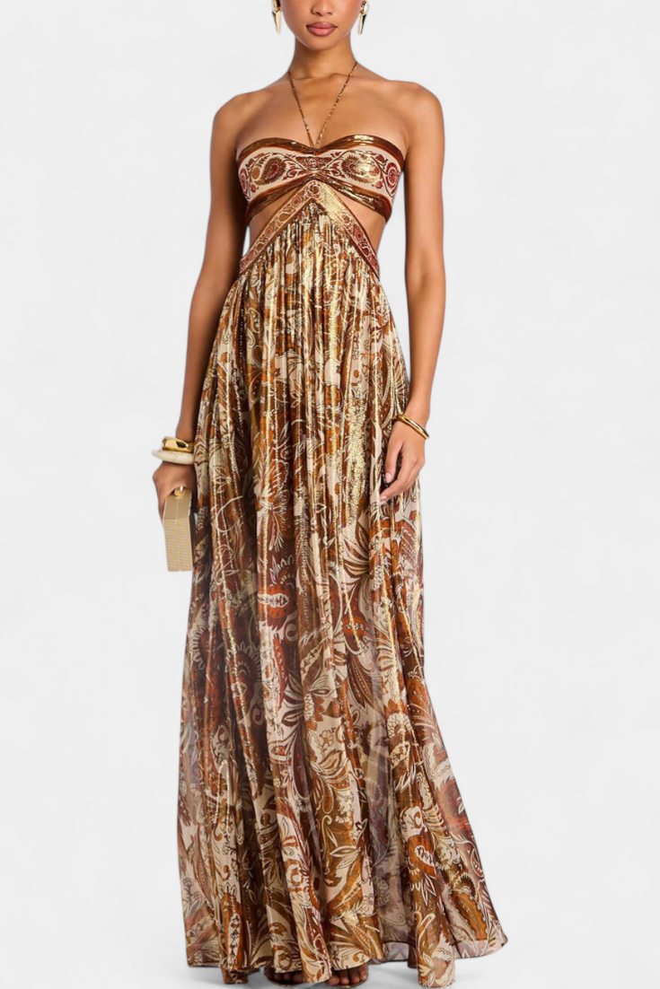 Maxi Dress Gold Paisley Print Women's Halter Tie Neck Cutout Open Back – Party, Holiday