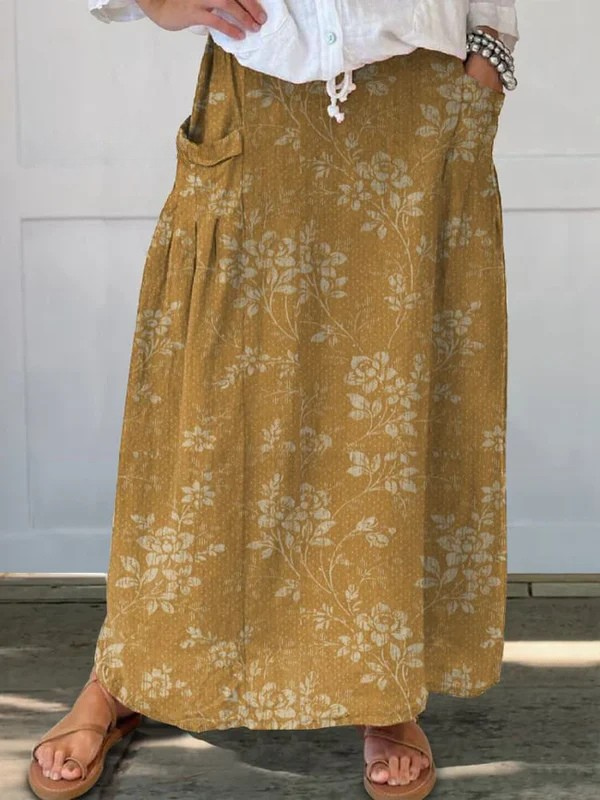 Maxi Skirt Green Floral Linen Women's with Pockets Elastic Waist – Casual, Office