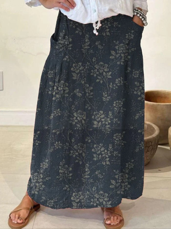 Maxi Skirt Green Floral Linen Women's with Pockets Elastic Waist – Casual, Office