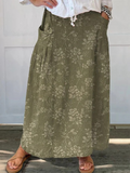 Maxi Skirt Green Floral Linen Women's with Pockets Elastic Waist – Casual, Office