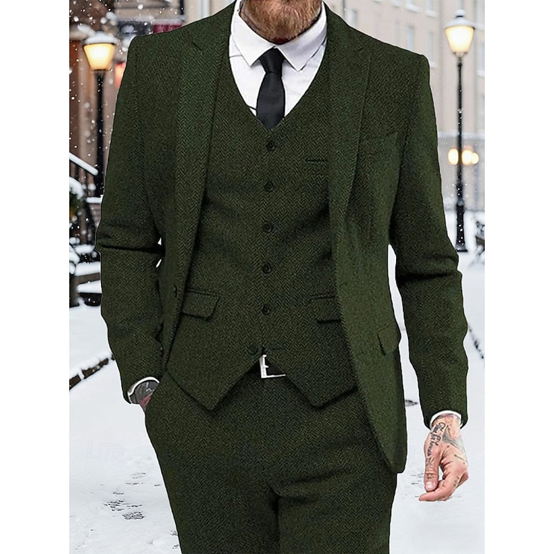 Men's 3-Piece Suit Set Herringbone Tweed Blue Blazer Vest Pants – Wedding, Office, Formal, Gift