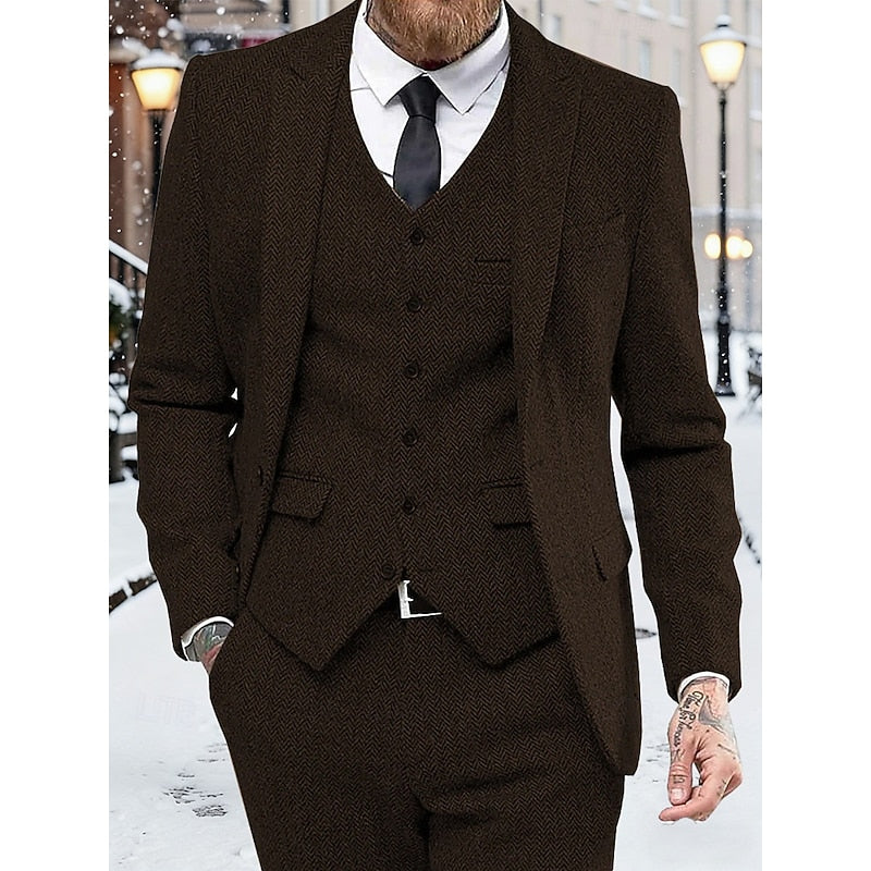 Men's 3-Piece Suit Set Herringbone Tweed Blue Blazer Vest Pants – Wedding, Office, Formal, Gift