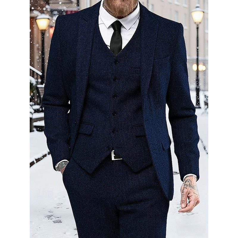 Men's 3-Piece Suit Set Herringbone Tweed Blue Blazer Vest Pants – Wedding, Office, Formal, Gift