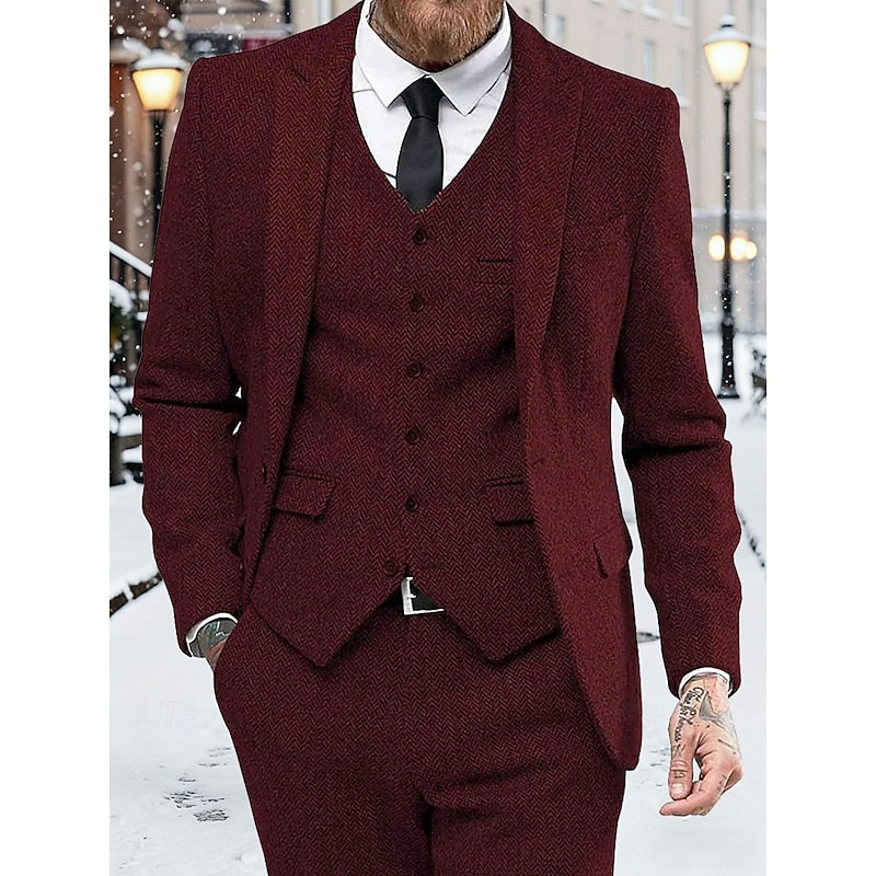 Men's 3-Piece Suit Set Herringbone Tweed Blue Blazer Vest Pants – Wedding, Office, Formal, Gift