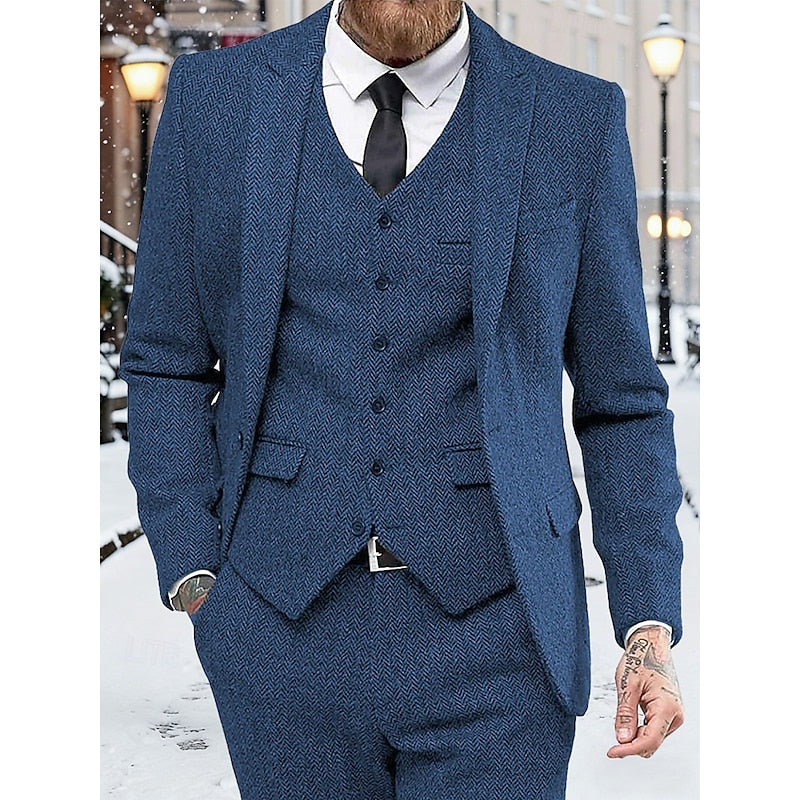 Men's 3-Piece Suit Set Herringbone Tweed Blue Blazer Vest Pants – Wedding, Office, Formal, Gift