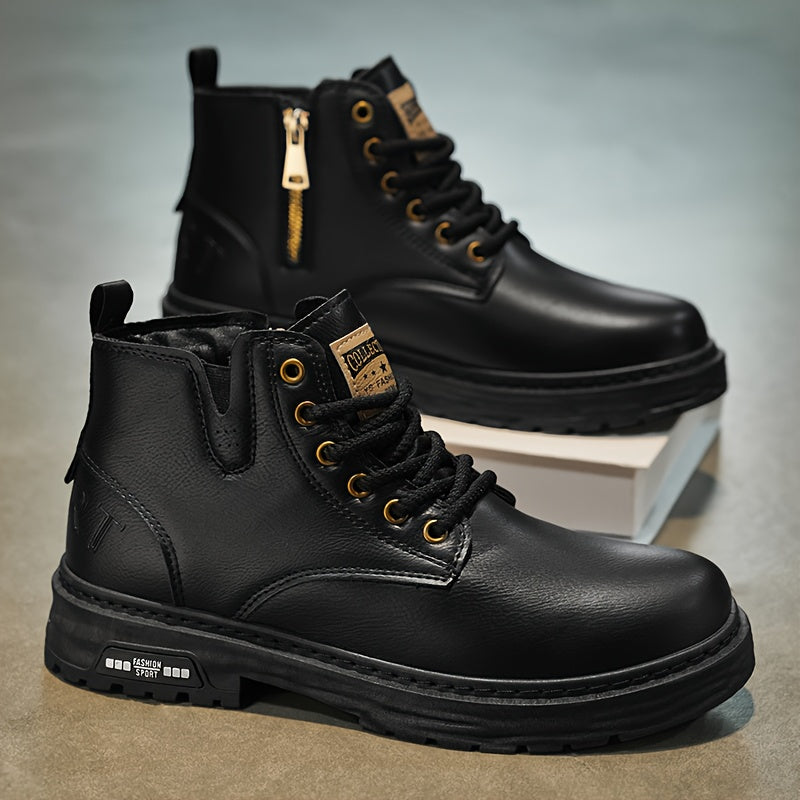 Men's Ankle Boots Black Lace-Up High-Top with Side Zipper Thick Sole – Casual, All Season Wear